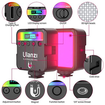 ULANZI VL49 RGB Video Lights, LED Camera Light 360° Full Color Portable Photography Lighting w 3 Cold Shoe, 2000mAh Rechargeable CRI 95+ 2500-9000K Dimmable Panel Lamp Support Magnetic Attraction - color: Black