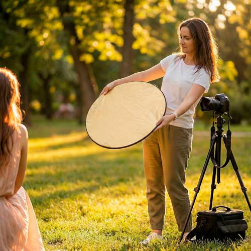 QWORK 22 Inch (60 cm) 5-in-1 Collapsible Light Reflector & Diffuser - Translucent, Silver, Gold, White, Black, Multi Disc Photography Reflector for Studio Outdoor Photography