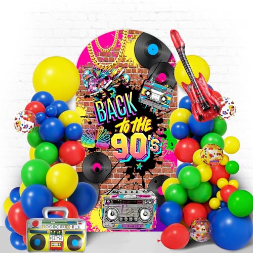 90'S Arch Backdrop Stand Cover 7.2ft Hip Hop Graffiti Brick Wall Retro Radio Fashion Birthday Photography Background Back to Party Arch Cover Fabric 2-Sided Round Top Backdrop Covers - color: 90's, size: 7.2FT
