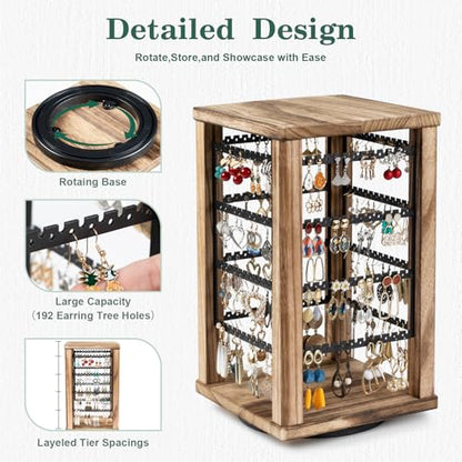 Emfogo 360 Earring Holder Organizer, Rustic Wood Earring Stand, Rotating Wooden Display, 4 Tiers Earring Organizer Stand for Stud Earrings, Hoop Earrings & Necklaces, Women Gifts - color: Brown