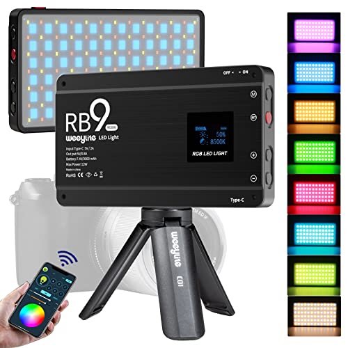 Weeylite RB9 RGB Camera Video Light, App Control 12W LED On Camera Light with Tripod, 2500-8500K 360° Full Color CRI 95+ RGB Video Light Panel for Portable Photography Lighting Video Recording TikTok
