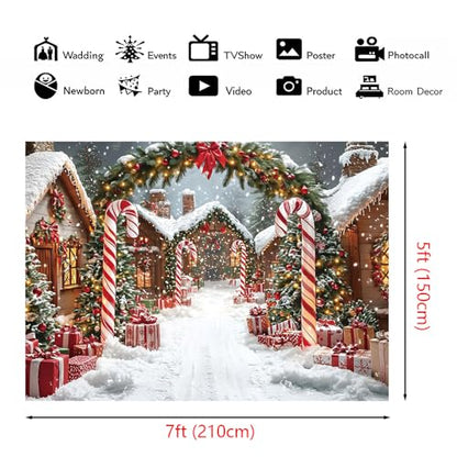 AIBIIN 7x5ft Winter Christmas Village Backdrop Snowy Candy Cane Lane with Christmas Trees Winter Wonderland Holiday Photography Background for Birthday Party Baby Shower Vinyl Studio Props - color: Christmas Village, size: 7x5ft