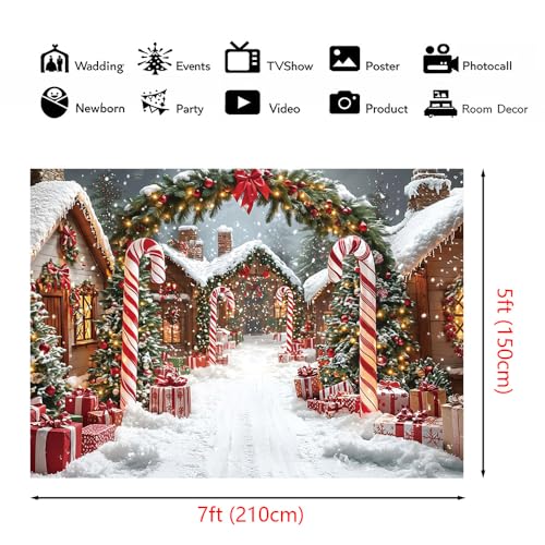 AIBIIN 7x5ft Winter Christmas Village Backdrop Snowy Candy Cane Lane with Christmas Trees Winter Wonderland Holiday Photography Background for Birthday Party Baby Shower Vinyl Studio Props - color: Christmas Village, size: 7x5ft