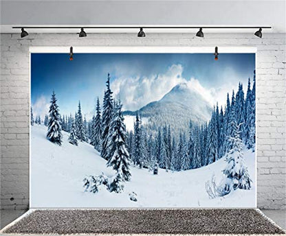 Laeacco 5x3ft Winter Wonderland Backdrop Snow Scenery Backdrop Snow Mountains Landscape Christmas New Year Background Snowy Pine Forest Frosty Trees Remote Foggy Holiday Party Photo Studio Prop - size: 5x3FT