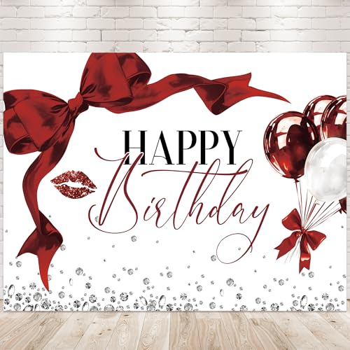 Newsely Burgundy Bow Backdrop 8Wx6H Photography Girls Coquette Happy Birthday Decorations Lips Diamond Balloons Background Women Bachelorette Party Decorations Banner Photo Booth Props Supplies - color: A-red bow, size: 8Wx6H