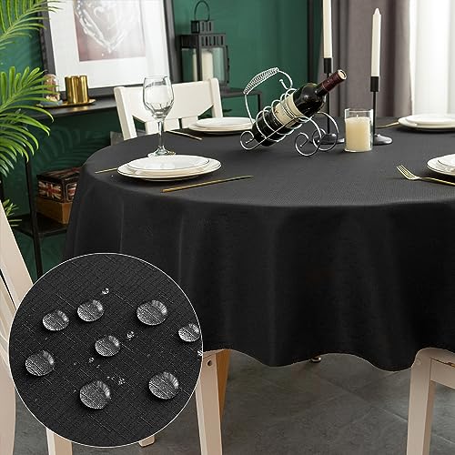 Qidordour Round Tablecloth, 70 inch Diameter, Faux Linen Table Cloth, Water Resistant Spill-Proof Wipeable Polyester Dining Table Cover for Kitchen Cafe Restaurant Buffet Tabletop Decoration, Black - color: Black, size: 70" (Round)