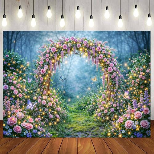5 x 3 ft Enchanted Forest Backdrop Fairy Magic Wonderland Butterfly Flower Floral Garden Fairyland Photography Background for Girls Birthday Party Decorations Spring Fairy Tale Photo Booth Props - color: Green07, size: 5x3ft