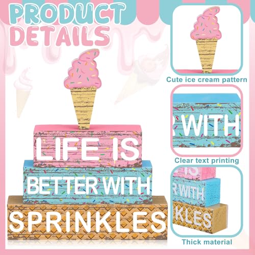 Geelin 4 Pieces Summer Ice Cream Table Wooden Decorations Ice Cream Wood Sign Centerpiece Home Decor Bar Party Decorations Blocks Tiered Tray Table Top Sign for Home - style: Ice Cream