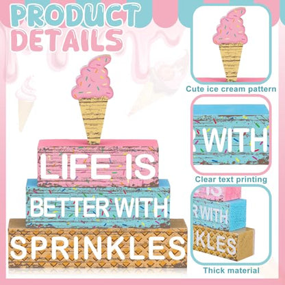 Geelin 4 Pieces Summer Ice Cream Table Wooden Decorations Ice Cream Wood Sign Centerpiece Home Decor Bar Party Decorations Blocks Tiered Tray Table Top Sign for Home - style: Ice Cream