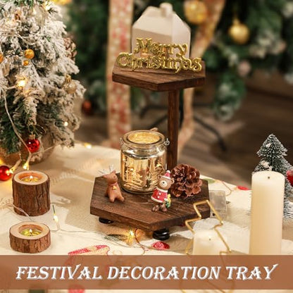 Tikea Hexagonal Wood Riser for Display, 2-Tier Rustic Wood Farmhouse Riser for Kitchen Bathroom Counter Decor, Decorative Tray for Soap Dispenser, Decorations and Plant (Brown)