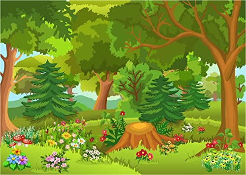 BELECO 12x10ft Fabric Cartoon Forest Backdrop Fairytale Forest with Flowers Mushroom Phtography Backdrop for Birthday Party Decoration Baby Shower Kids Game Photoshoot Photo Background Props - size: 12x10FT