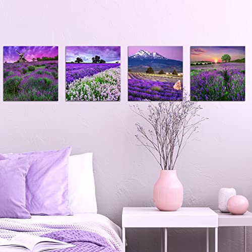 Purple Wall Art Lavender Bathroom Purple Wall Decor Nature Mountain Landscape Pictures for Living Room France Provence Canvas Prints Painting Flower Scenery Poster Bedroom Home Decorations 12x12" 4Pcs - color: Purple Lavender, size: 12"l X 12"w
