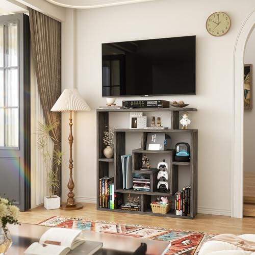 Armocity 6 Tier Display Book Shelf Wall Mounted Bookshelf Freestanding Geometric Bookcase Floating Book Shelves for Wall Bedroom Living Room Home Office, 45.5"(W) * 47"(H), Grey Oak - color: Grey Oak
