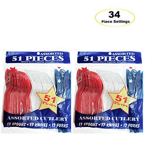 Party Essentials Patriotic Assortment Hard Plastic Combo Pack, Disposable Cutlery Sets, 102 Pieces/ 34 Place, Red/White/Blue - size: 102 Pieces/ 34 Place Settings