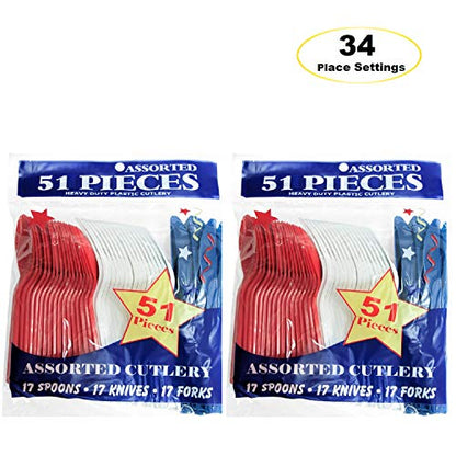 Party Essentials Patriotic Assortment Hard Plastic Combo Pack, Disposable Cutlery Sets, 102 Pieces/ 34 Place, Red/White/Blue - size: 102 Pieces/ 34 Place Settings