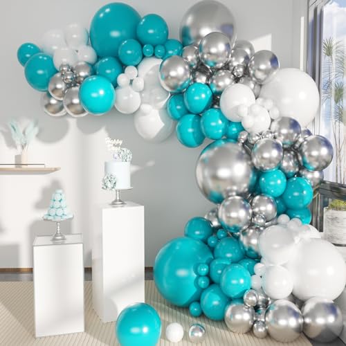 MEBAY Teal Blue Silver White Balloons Garland Arch Kit, 141Pcs Latex Balloons Different Sizes 18 12 10 5 Inch for Birthday Party Graduation Baby Shower Wedding Holiday Balloon Decoration - color: 141-teal Blue-silver-white