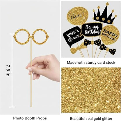 30 Pcs Gold and Black Birthday Photo Booth Props Kit, Happy Birthday Decorations, Funny Selfie Photo Props for 40th 50th 60th Birthday Graduation Wedding Party Supplies - style: Party Birthday Props-Gold