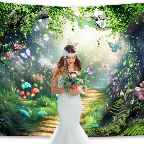 Fairy Woodland Tale Backdrop 8Wx6H Feet Enchanted Green Spring Butterfly Flower Princess Birthday Wedding Polyester Fabric Magic Photography Backgrounds Photo Shoot Decor Props Decoration - color: A-Fairy01, size: 8Wx6H