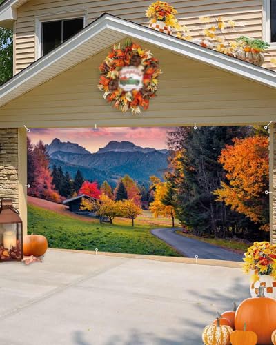 Fall Garage Door Cover Banner Decorations Backdrop 7x16ft Large Thanksgiving Autumn Country Forest Maple Leaves Nature Landscape Garage Door Banner Party Photoshoot Studio Prop Photography Background - size: 7x16ft
