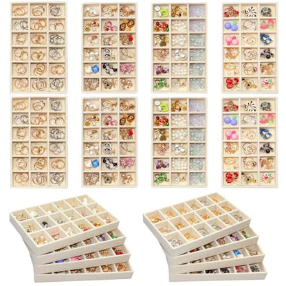 8 Pack Stackable Jewelry Organizer Tray Velvet Jewelrry Storage Drawer Insert Earring Stacking Trays for Dresser 18 Grids - color: Beige