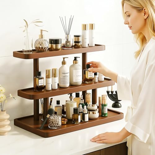 GDQ Wooden Display Organizer Stand,Perfume Organizer, Brown Pine Wood Vanity Organizer Display Storage for Cosmetics, Perfume, Plants, Tea Set, Open Design for Entryway/Living Room/Bathroom/Bedroom - color: Brown