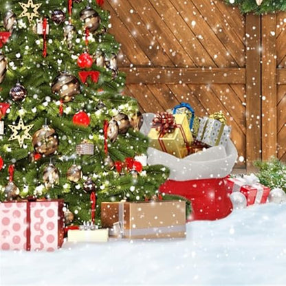 10x10ft Christmas Barn Door Backdrop for Photography Rustic Xmas Trees Wood Plank Photo Backdrop Snow Winter Holiday Backdrops Decorations for Party Supplies Photo Prop