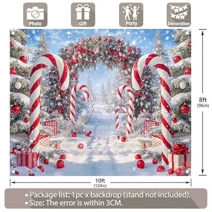 Fabric 10x8ft Merry Christmas Cane Candy Photography Backdrop Winter Snow Scene Xmas Tree Background New Year Eve Party Decoration Holiday Photo Banner Props - size: 10'x8'