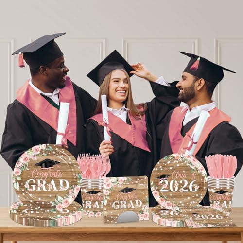 Class of 2026 Graduation Party Supplies,144Pcs Pink Floral Graduation Party Plates and Napkins Class of 2026 Congrats Grad Tableware Decorations for High School College Party Serve 24
