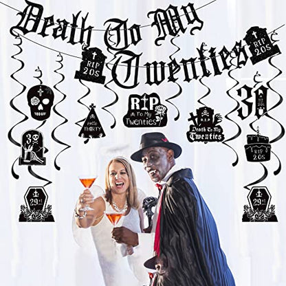 Death to My 20s Decorations - 14pcs Black 30th Birthday Party Decorations Banner Hanging Swirls Rip to My 20s Birthday Decor Party Ceiling Supplies Women Men Funeral for My Youth Party Decor - style: Death to My 20s