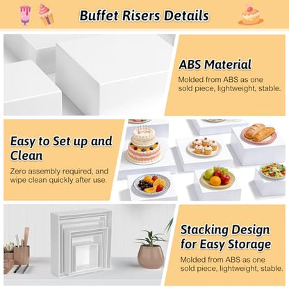Billbotk 8 Pieces White Buffet Risers with Label Stands, Serving Tong and Markers for Party, Display Stands for Jewelry Display, Home Display, Table décor(12"/11"/ 10.5" /9.5"/ 8.5" /7.5" 6.8"/ 5")