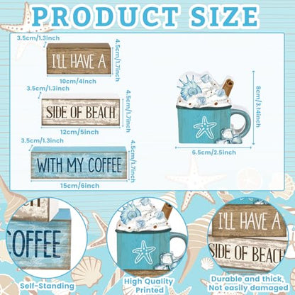 Lineshading 4 Pcs Summer Table Decorations Beach Coffee Bar Wooden Block Sign Blue Rustic Coastal Tiered Tray Decor with Coffee Cup Summer Centerpieces Decor for Beach Nautical Party Office Home - style: Beach