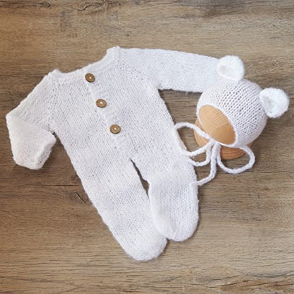Zeroest Newborn Boy Photoshoot Outfits and Props Bear Bonnet with Footed Romper Infant Baby Photography Crochet Knitted Set - color: White