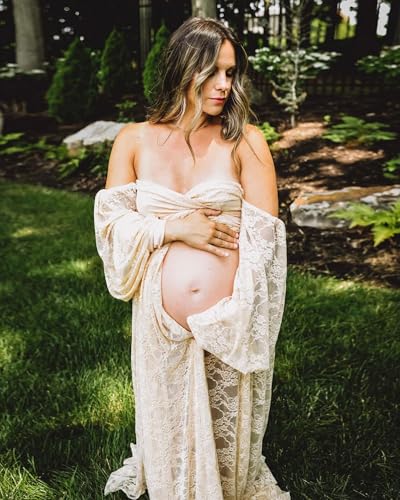 Saslax Soft Stretchy Lace Off Shoulder Doubly Split A-line Skirt Maternity Dress Pregnancy Maxi Gown for Photoshoot - color: Champagne, size: Medium