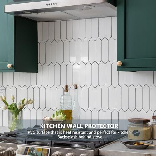 Vamos Tile Glossy White Backsplash Tile Peel and Stick, 12.8 x 12.8 Inch 10 Sheets Long Hexagon PVC Self Adhesive Mosaic Wall Tiles Stick on Backsplash for Kitchen and Bathroom - color: Glossy White