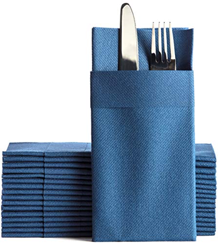 Moyes Home Navy Disposable Dinner Napkins with Pocket - Linen-Feel Pre-Folded Cloth-Like Paper Napkins for Silverware, Weddings, Dinner Parties, 16x16 in, Pack of 50 - color: Navy