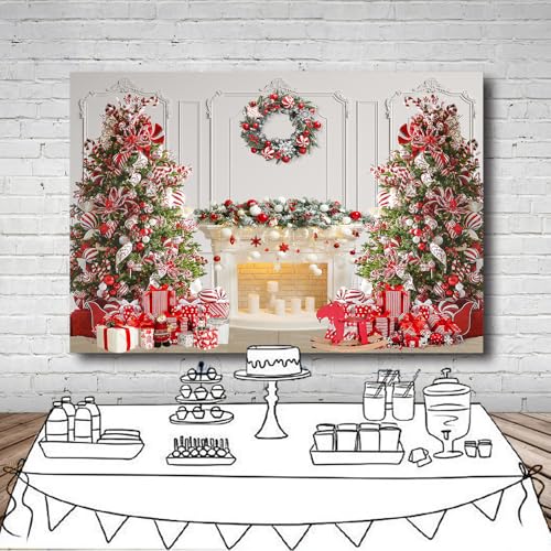 7x5 FT Christmas Fireplace Backdrop White Fireplace Red Xmas Tree Photography Background Winter Christmas Family Kids Holiday Party Theme Decorations Banner Photo Booth Props - size: 7x5 FT