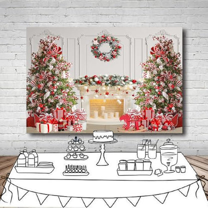 7x5 FT Christmas Fireplace Backdrop White Fireplace Red Xmas Tree Photography Background Winter Christmas Family Kids Holiday Party Theme Decorations Banner Photo Booth Props - size: 7x5 FT