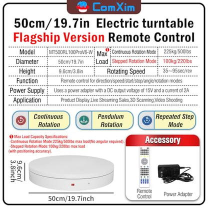 19.7In Remote Large Motorized electric turntable Rotating platform Photography Turntable Motorized lazy susan Base giratoria para for Photography,3D Scanner,Heavy duty display(Load Range:220~500lbs) - size: 19.7inch/White/500Lbs Load
