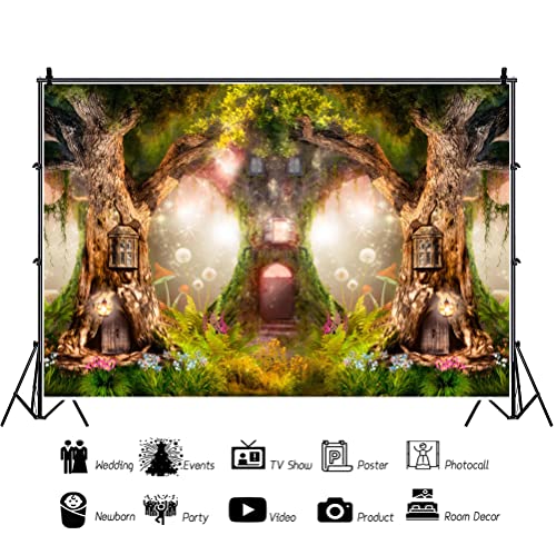 Leowefowa 10x7FT Enchanted Garden Backdrop Magic Tree House Fairy Tale Wonderland Woodland Background Wedding Baby Shower Birthday Party Banner Cake Smash Decors Studio Portrait Photobooth Shoot Props - size: 10x7ft