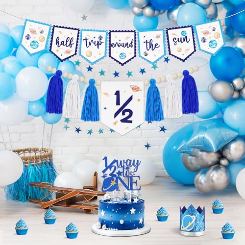 1/2 Birthday Half Trip Around the Sun Half Birthday Decorations - Banner Glitter Cake Topper Tassel Wood Bead High Chair Banner & Crown, Hat Halfway to One Baby Boy Girl Party Supplies - color: Planet Blue