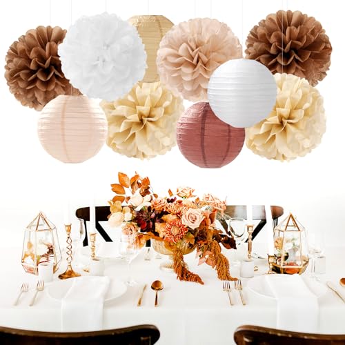 Boho Rustic Wedding Party-Decorations Paper Flowers Lanterns - 15PCS Fall Baby Shower Gender Neutral Streamers,Brown Champagne White Tissue Pom Poms,Autumn Birthday Bridal Decor Hugfond - color: Coffee Champagne Apricot Gray White