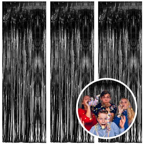 3 Pack Black Fringe Backdrop Streamers Halloween Party Decorations Black Tinsel Foil Curtains Photo Booth Backdrop Birthday Wednesday Twilight Graduation Wizard Party Decorations Supplies - color: Black