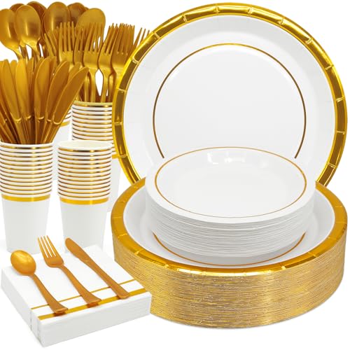 AIRE 350PCS White Gold Paper Plates Party Supplies Dinnerware Sets for 50 Guests, Disposable Paper Party Plates Napkins, Gold Plastic Forks Knives Spoons Cups for Wedding Birthday BBQ Parties - color: 350pcs White Gold