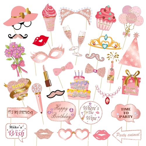 33PCS Birthday Photo Booth Props - Happy Birthday Graduation Wedding Party Favors Supplies Bday Party Decor Funny Cute Holiday Selfie Supplies (Rose Gold) - color: Rosegold