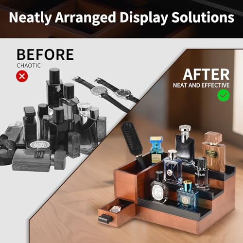 Perfume Stand Organizer for Men, 3 Tier Perfume Display Shelf with Velvet Lining Drawer and Hidden Compartment (Walnut Black - 1 Drawer) - style: 1 drawer - BlackWalnut