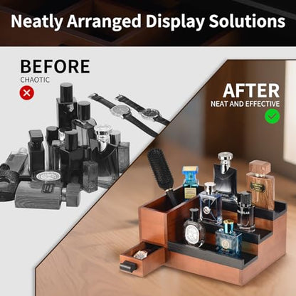 Perfume Stand Organizer for Men, 3 Tier Perfume Display Shelf with Velvet Lining Drawer and Hidden Compartment (Walnut Black - 1 Drawer) - style: 1 drawer - BlackWalnut