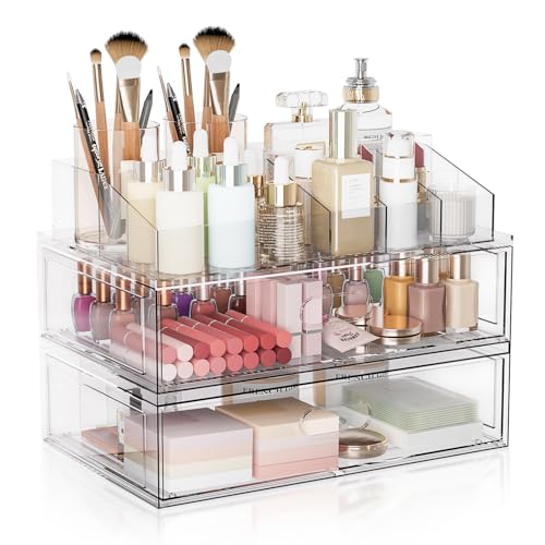 Clear Stackable Makeup Organizer with Drawer, 12''W Acrylic Storage Drawers, Cosmetic Display Case for Vanity Bathroom Countertop, Beauty Holder for Lipstick Brush Skincare Perfume - size: 3 Pack