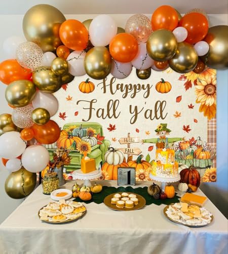 Mocsicka Happy Fall Y'all Backdrop Fall Party Background Banner Pumpkin Patch Maple Leaves Autumn Harvest Thanksgiving Decorations Banner Photo Booth (5x3ft) - size: 5x3ft