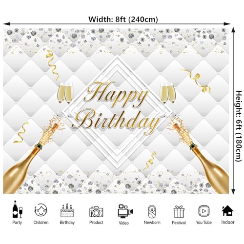 8x6ft Happy Birthday Backdrop Luxury Diamonds Headboard Texture Photography Background for Birthday Adult Champagne Party Decorations Photo Booth Props - size: 8x6ft