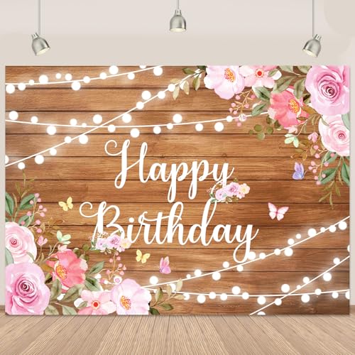Happy Birthday Backdrop for Women Rustic Wooden Butterfly Happy Birthday Banner Decorations Glitter Lights Pink Floral Party Decoration Background for 20th 30th Women Girl 7X5ft(84x60 inch) - color: Brown, size: 7x5Ft